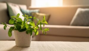 リビングソファ周辺の白いスポット入りポットのミント