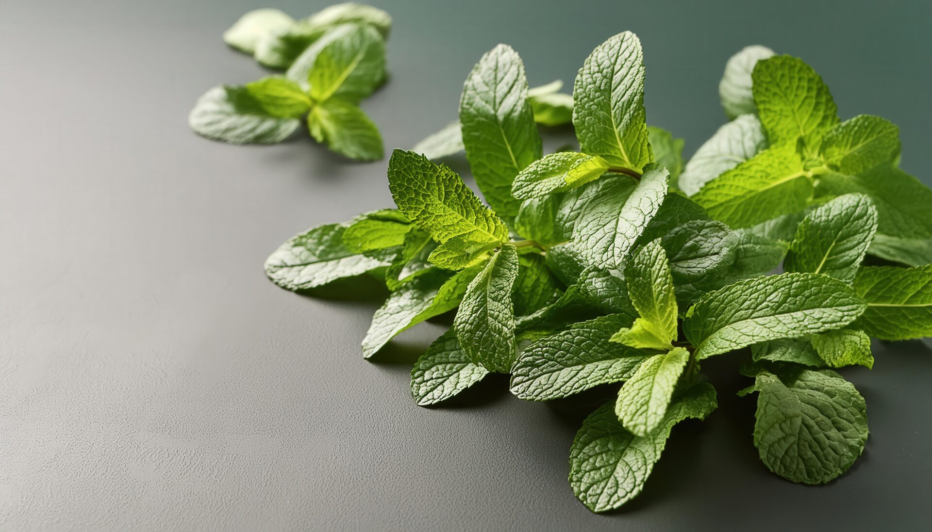 グレーの背景に置かれたフレッシュなミントの葉