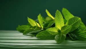 緑の木目背景に置かれたミントの葉