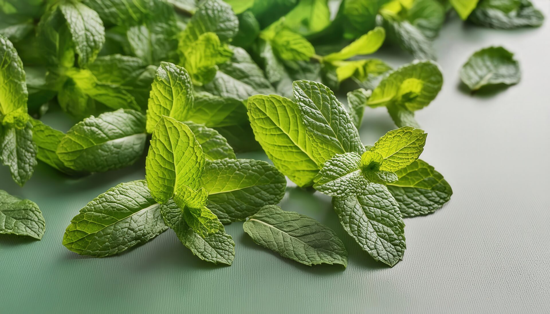白い背景に広がるミントの葉