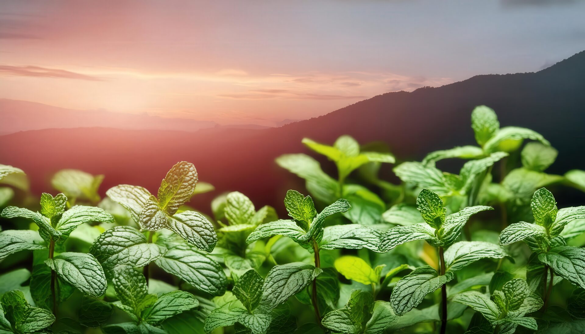 夕焼け山の風景とミント畑