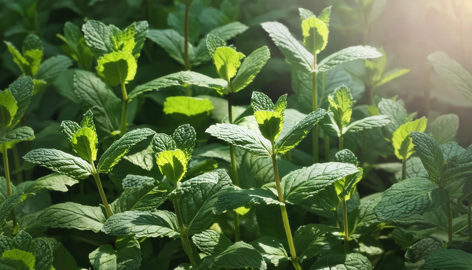 日差しを浴びるミントの若葉