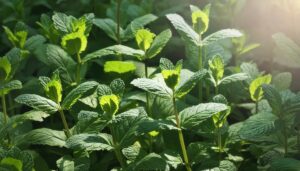 日差しを浴びるミントの若葉