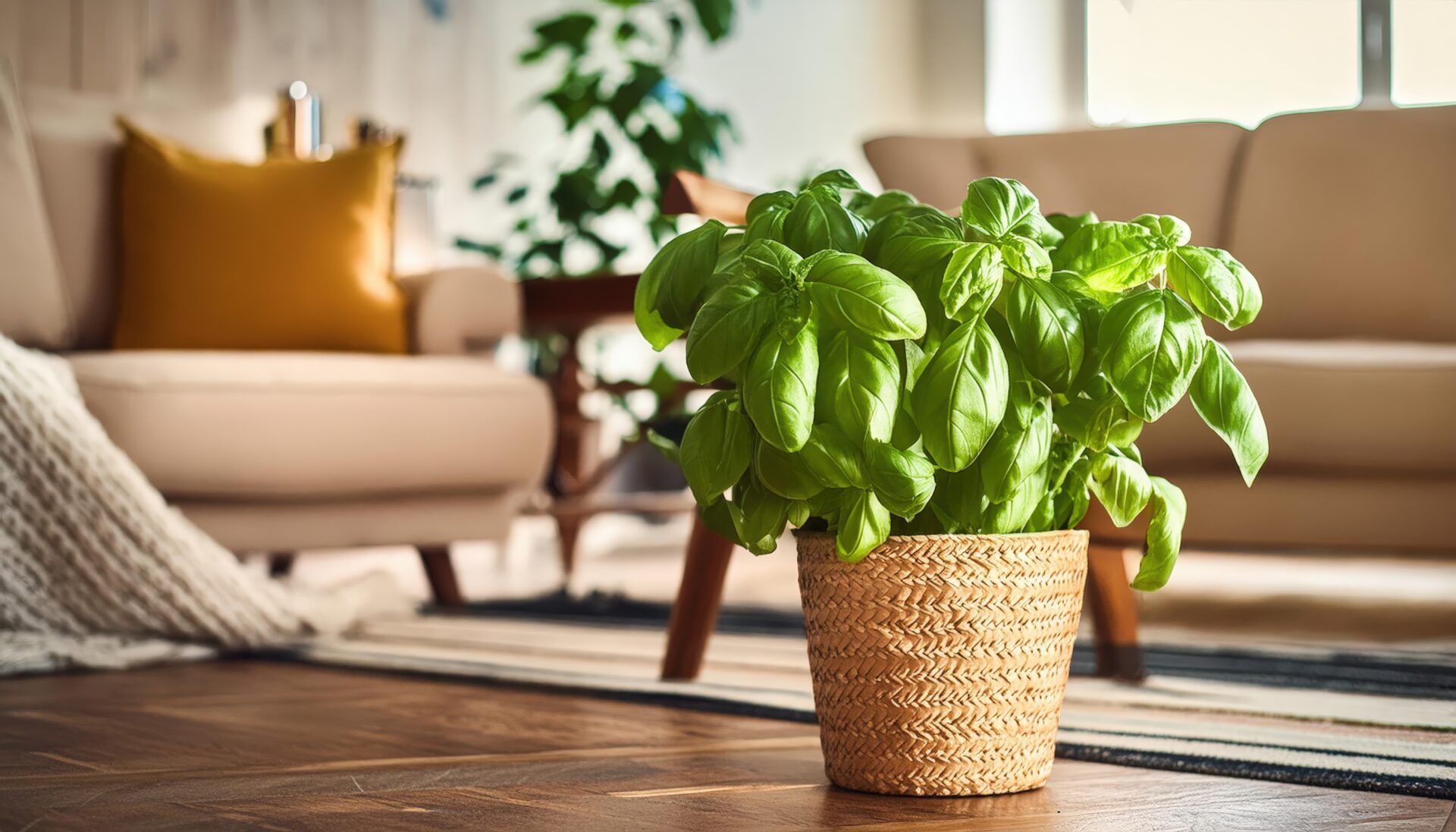 日差しの入る部屋のバジルの鉢植え