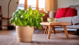 ソファの前に置かれたバジル