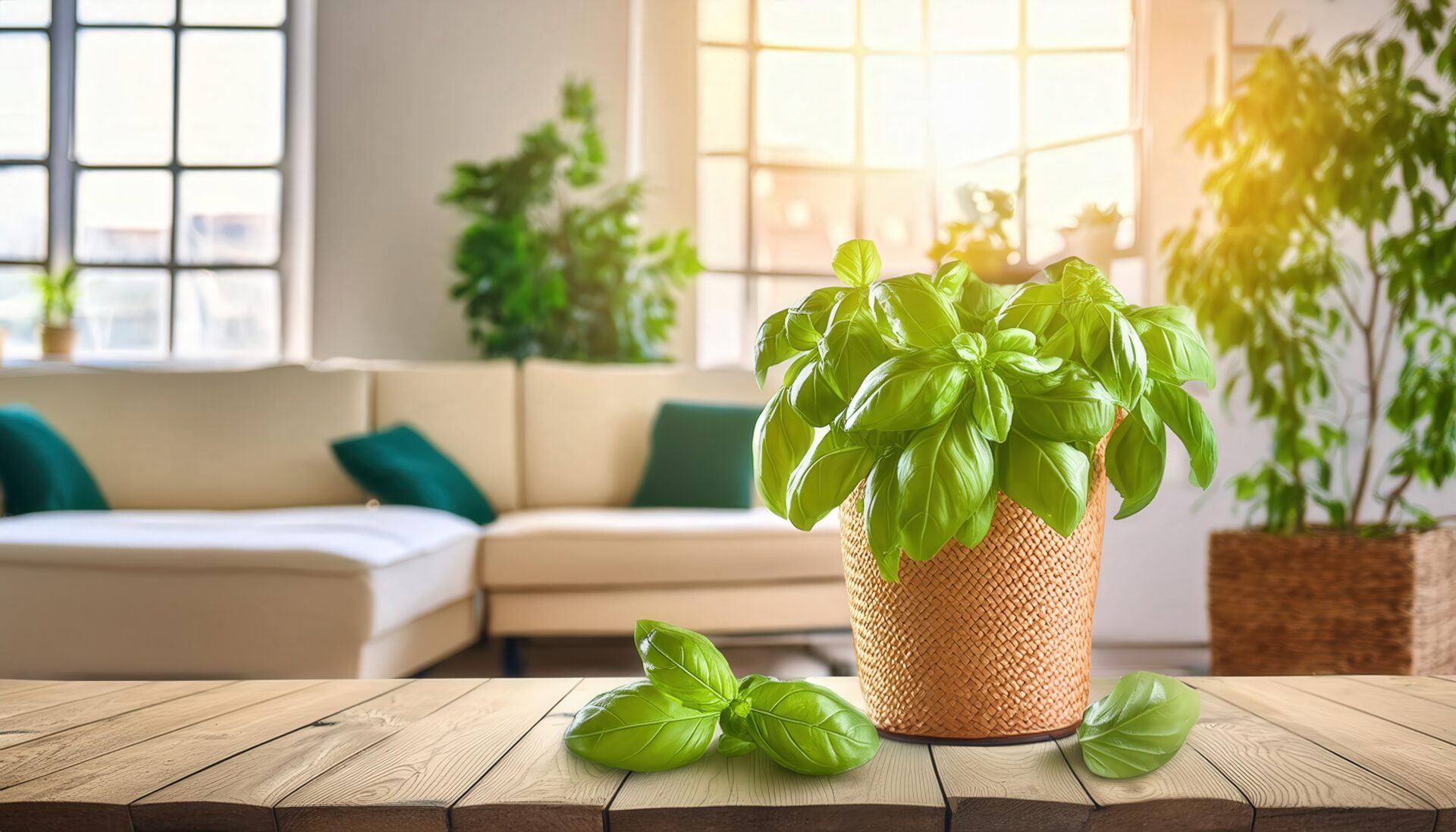 木製テーブルに置かれたバジル