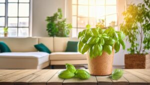 木製テーブルに置かれたバジル