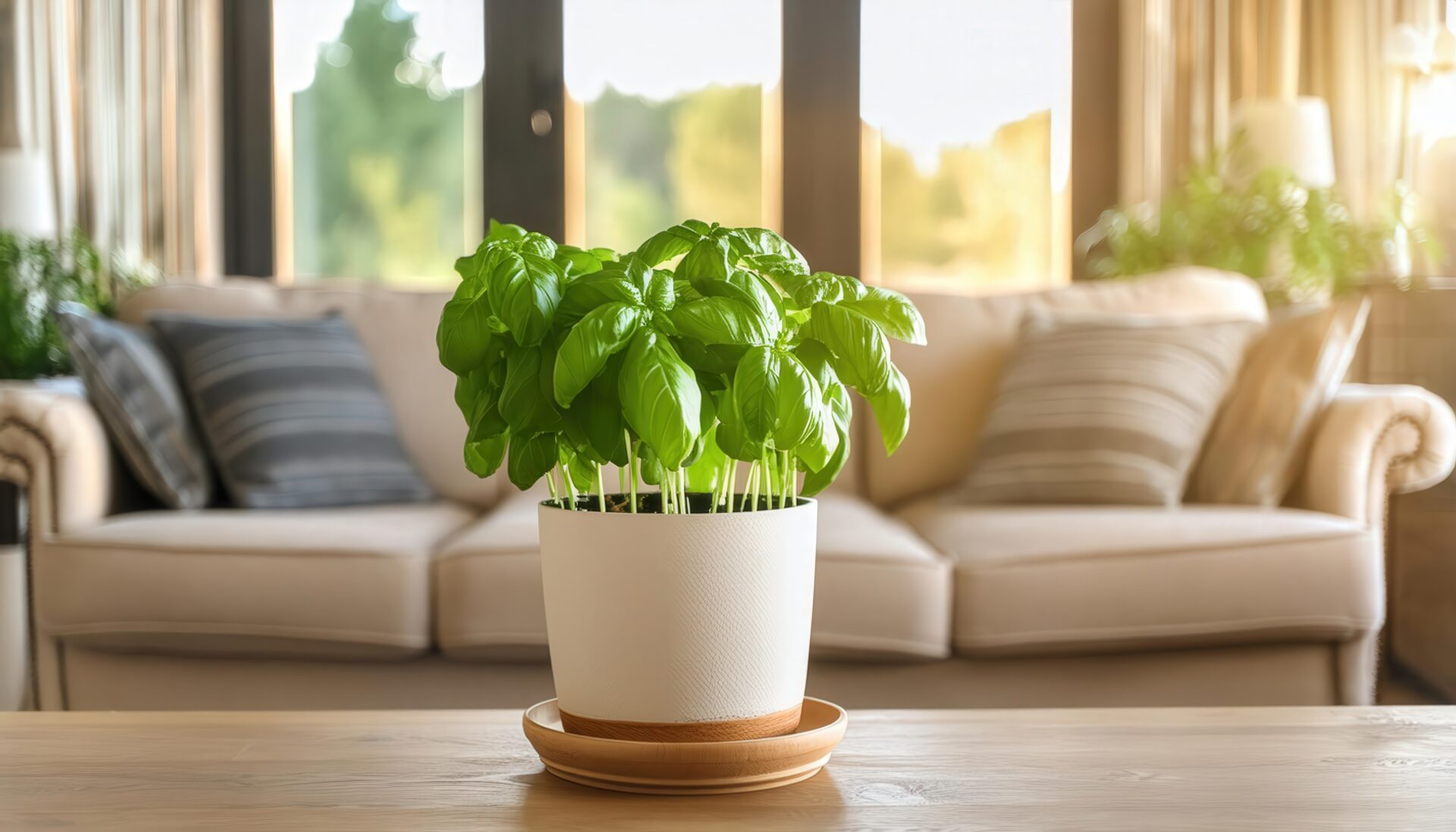 明るい窓辺のバジル鉢植え