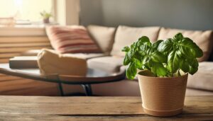 木製テーブルに置かれたバジルの鉢植え