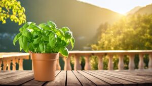 テラスに置かれたバジルの鉢植え