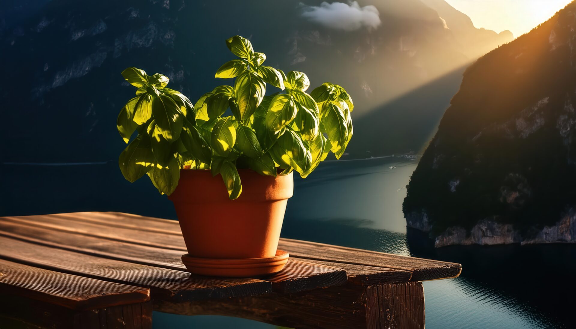 夕焼けの湖畔とバジル鉢植え
