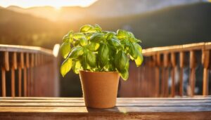 木製テーブルに置かれた夕暮れのバジル