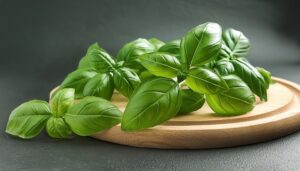 木のプレートの上のバジルの葉