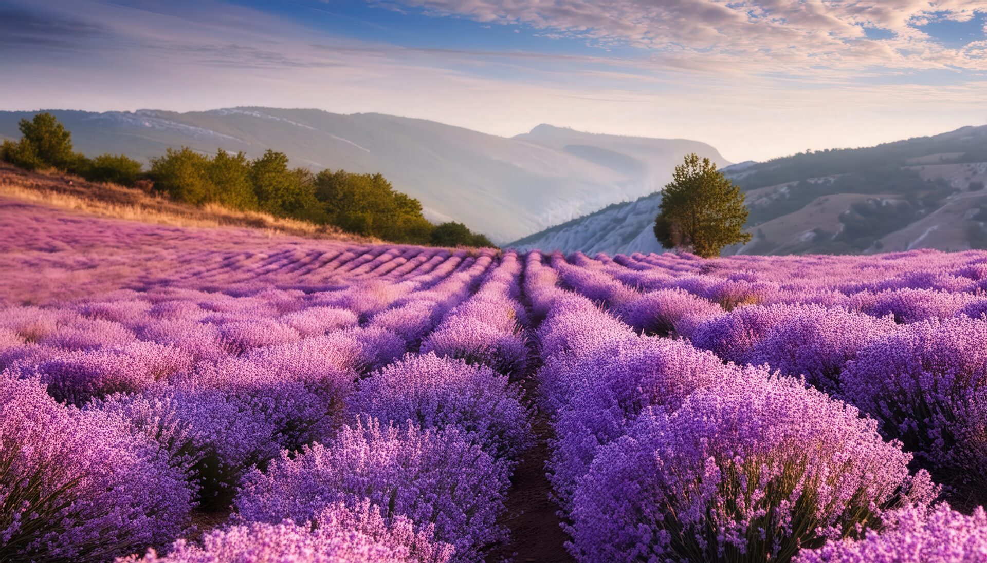 ラベンダー畑と山々の景色