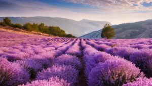 ラベンダー畑と山々の景色