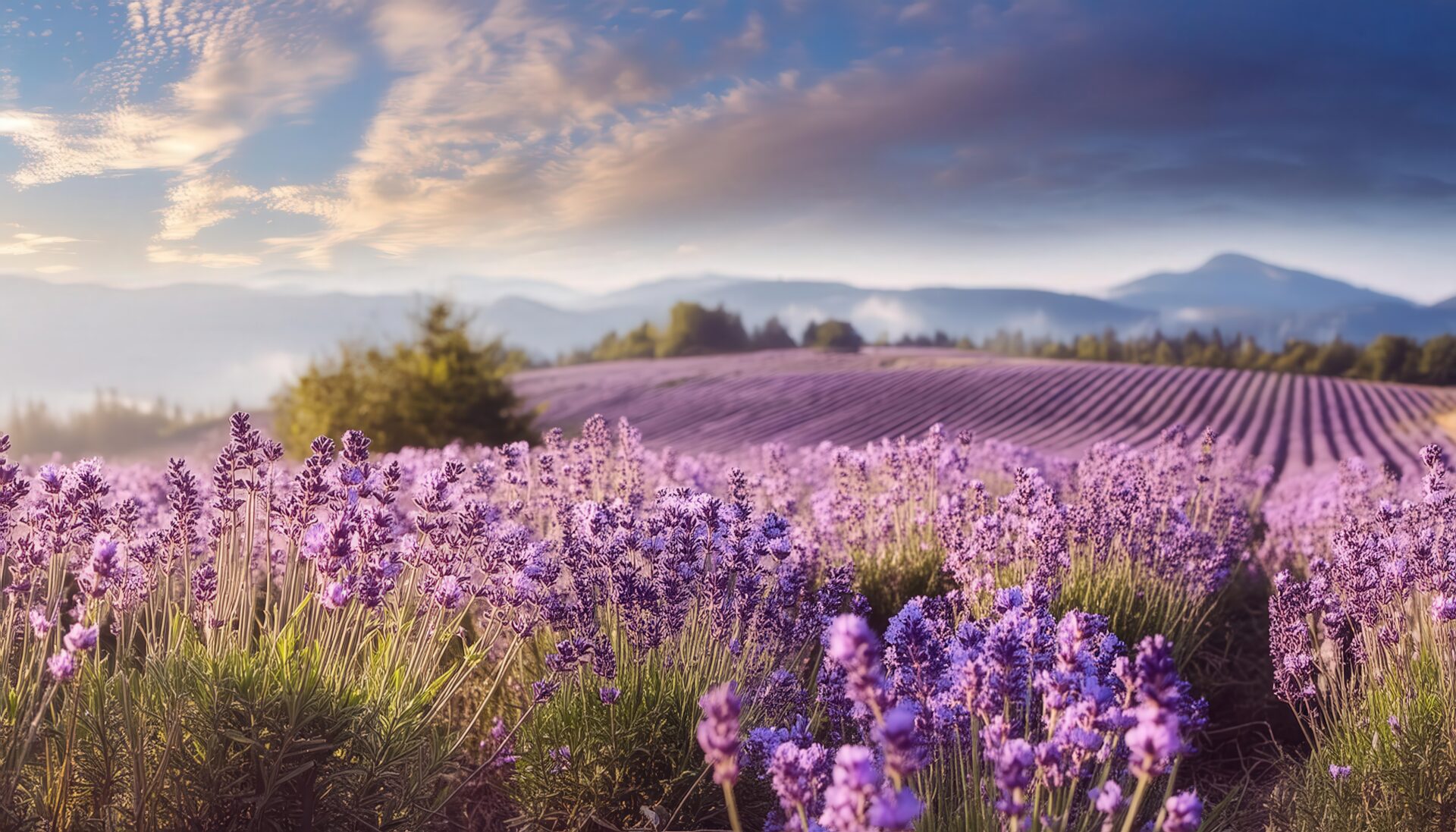 ラベンダーの花と山並み