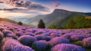 ラベンダー畑と朝焼けの山