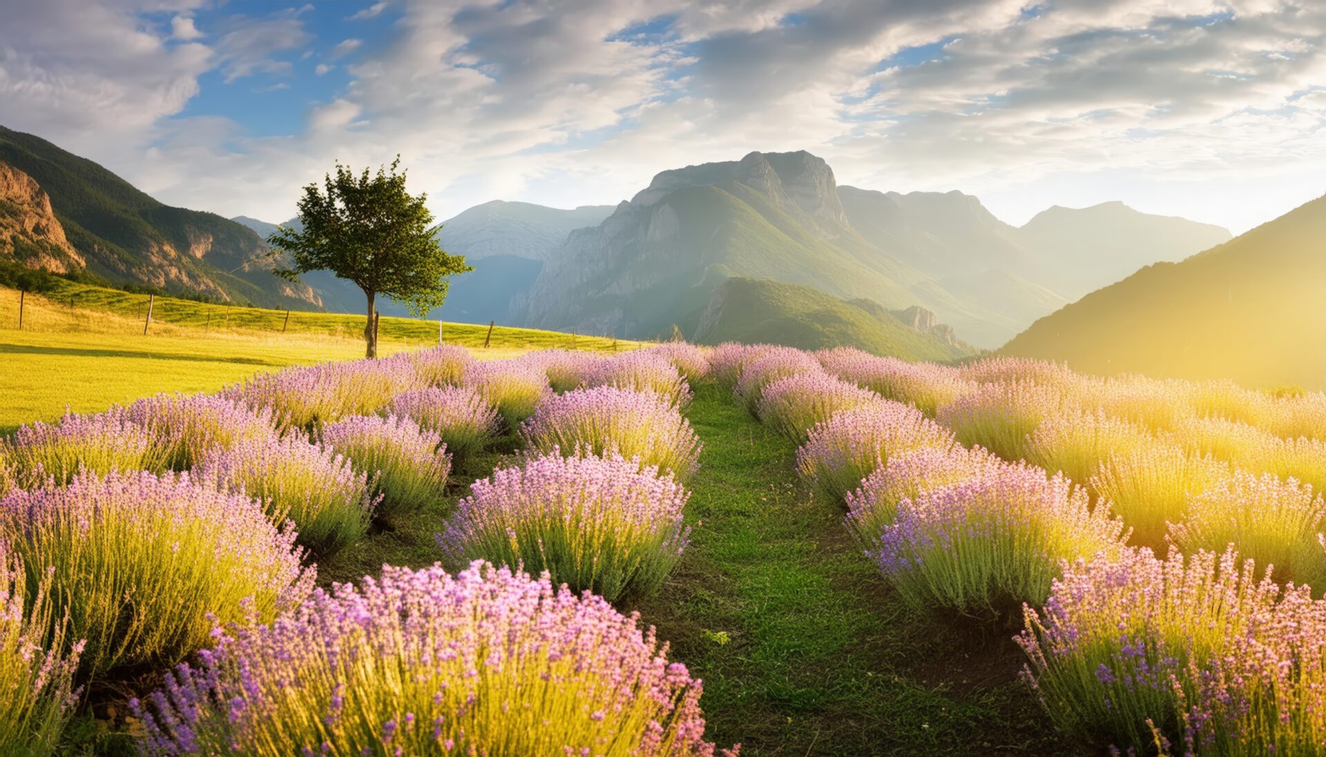 夕陽に照らされたラベンダー畑