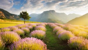 夕陽に照らされたラベンダー畑