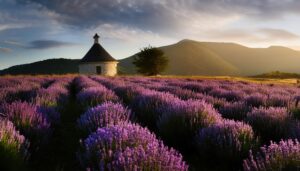 ラベンダー畑と小さな建物