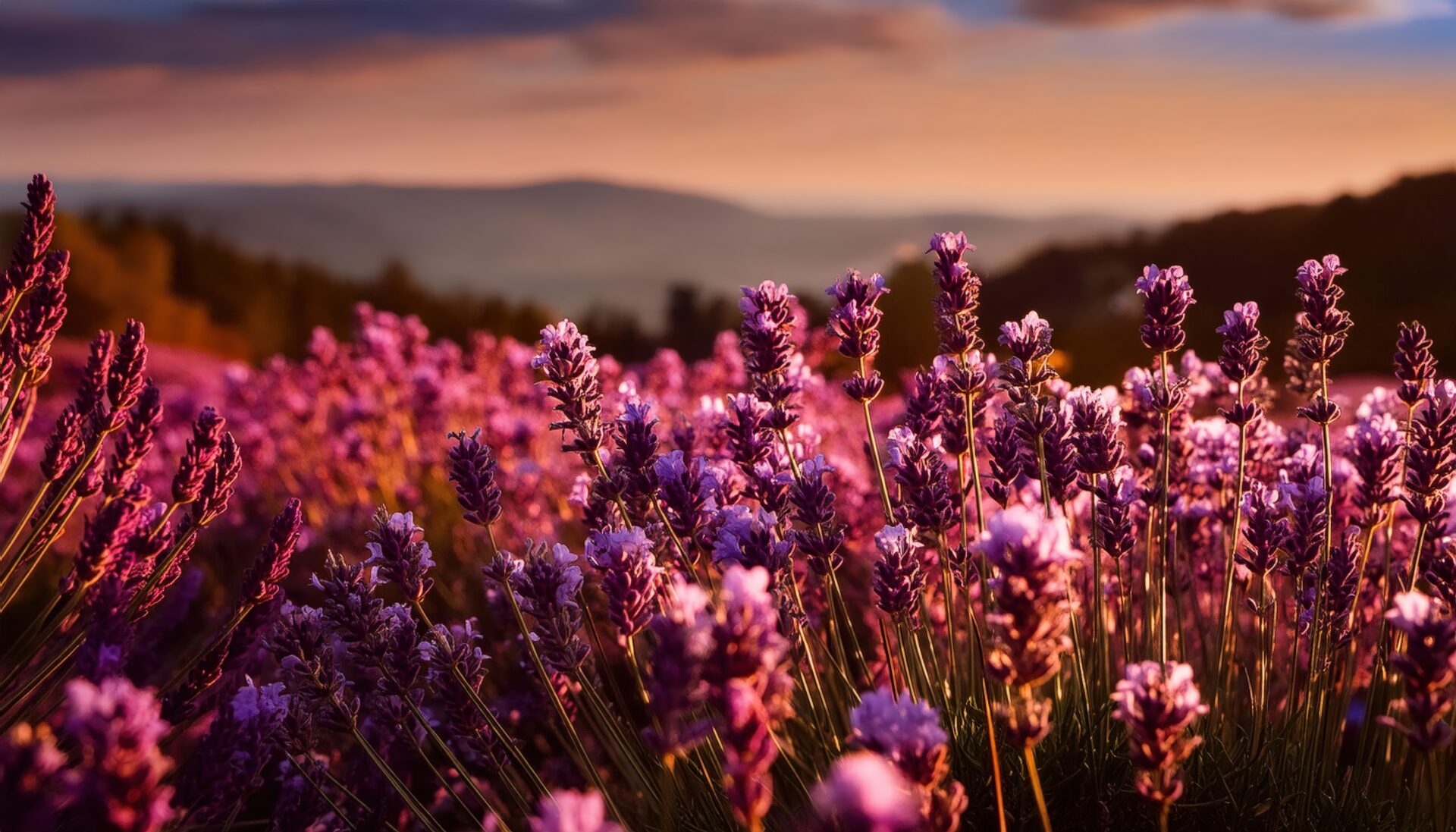 夕暮れ時のラベンダー花畑