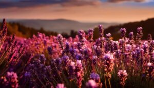 夕暮れ時のラベンダー花畑