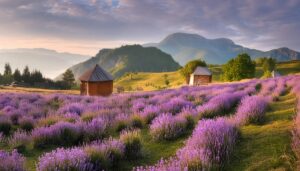 ラベンダー畑と山脈の風景