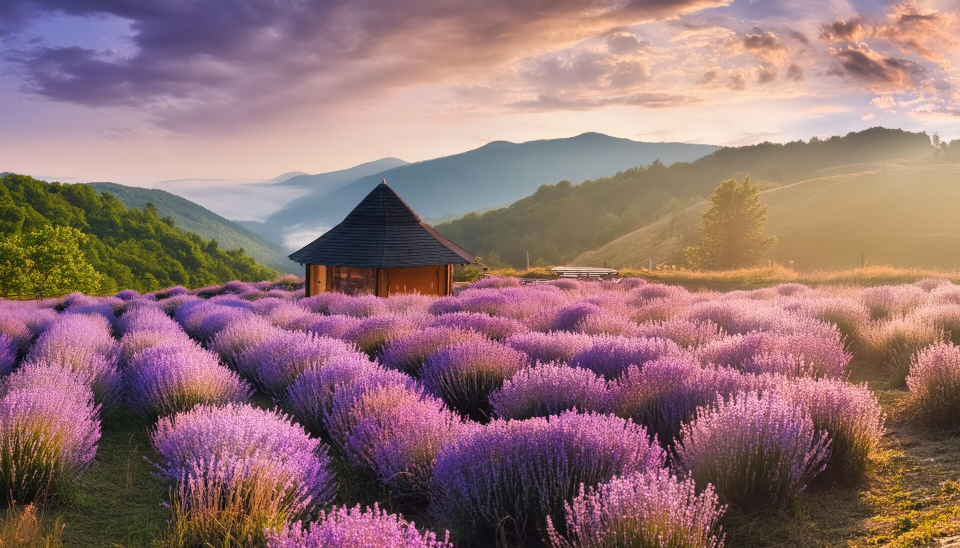 ラベンダー畑と古い建物