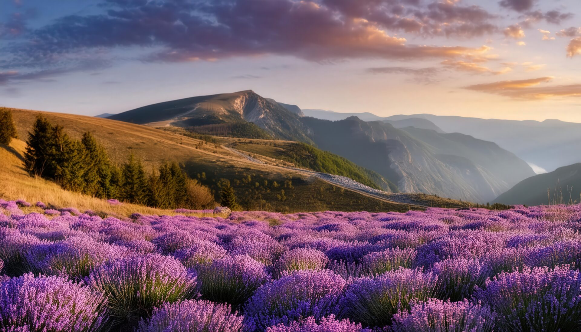 夕暮れのラベンダー畑