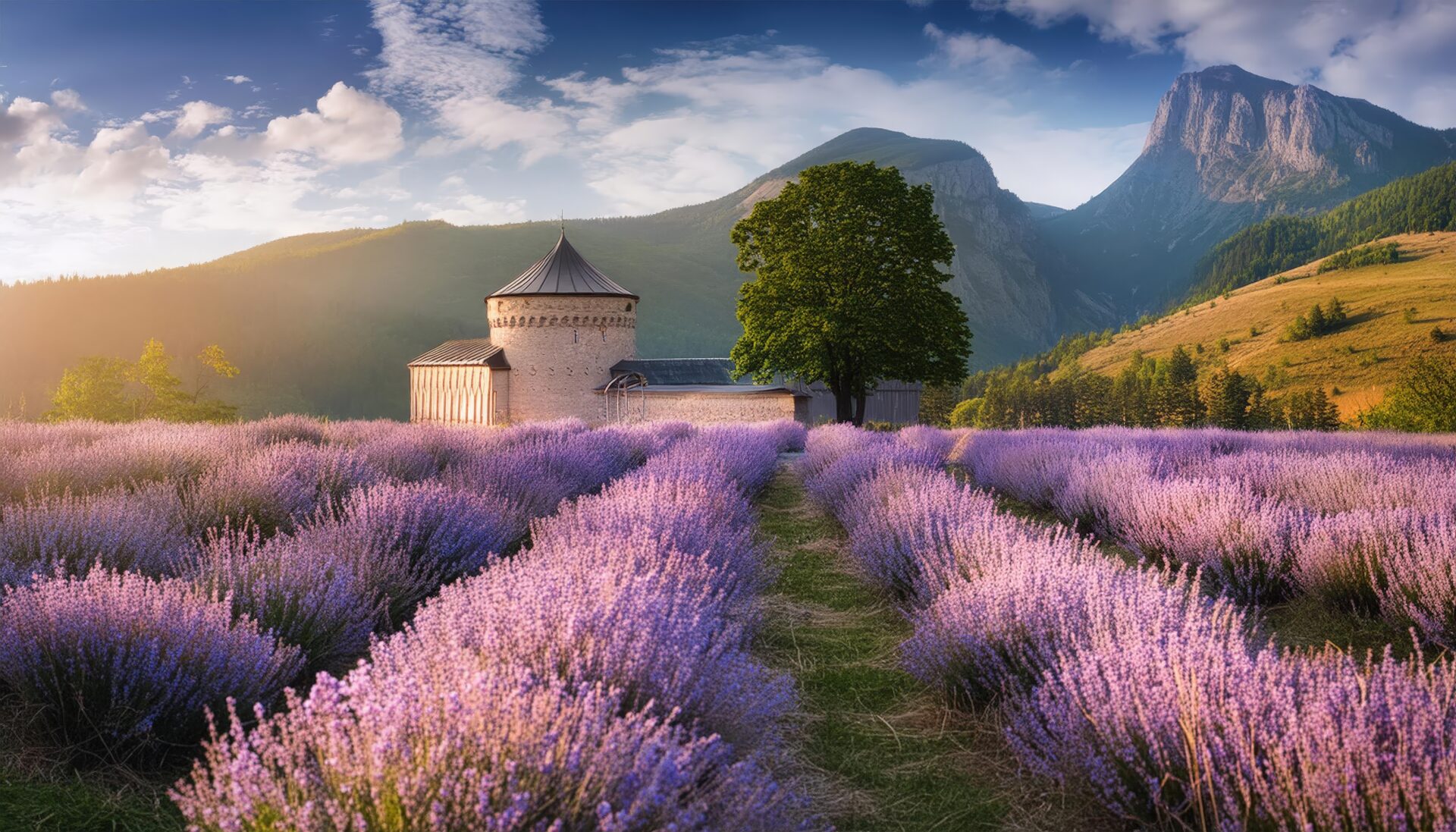 ラベンダー畑と歴史的な建物