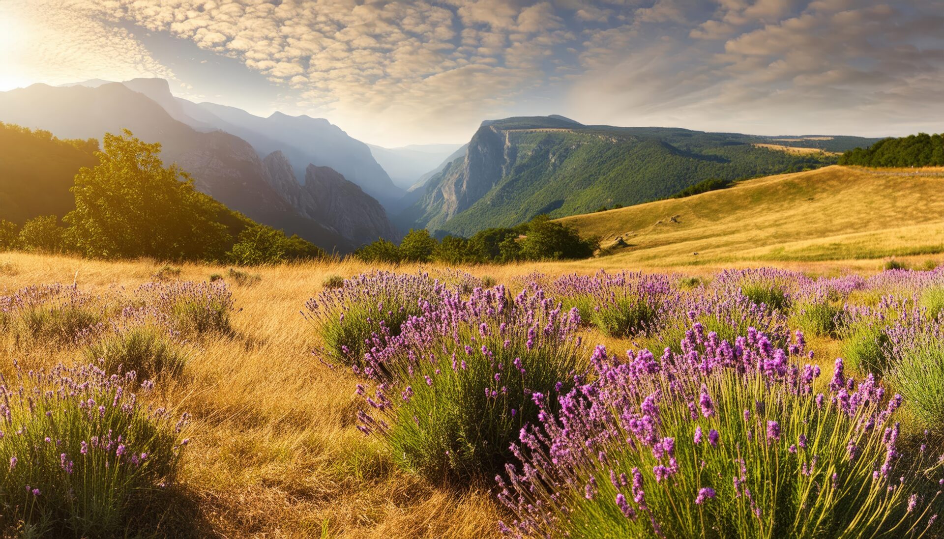 黄金色の草原に咲くラベンダー