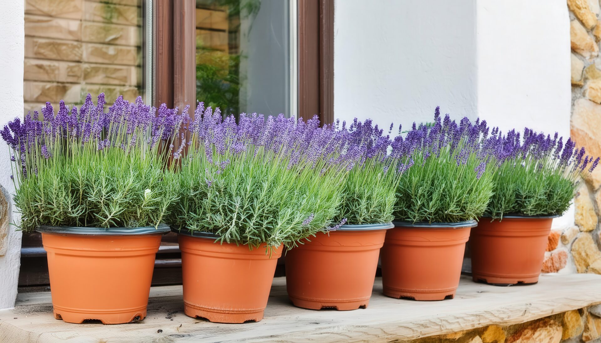 窓辺のラベンダー鉢植え