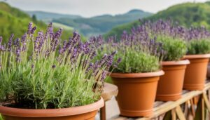 並んだ鉢植えラベンダー