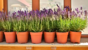 並んだ鉢植えラベンダー