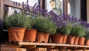 窓辺に並ぶ鉢植えラベンダー