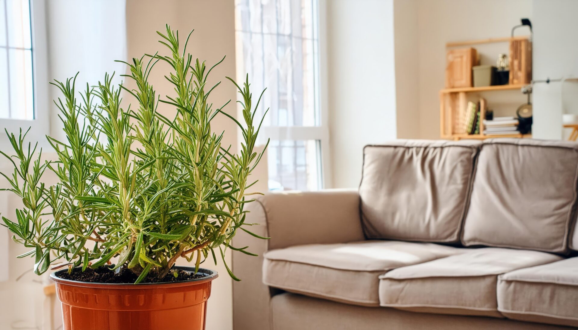 リビングに置かれたローズマリーの鉢植え