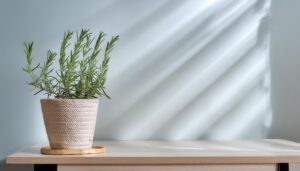 木のテーブルに置かれた籠の鉢植えローズマリー