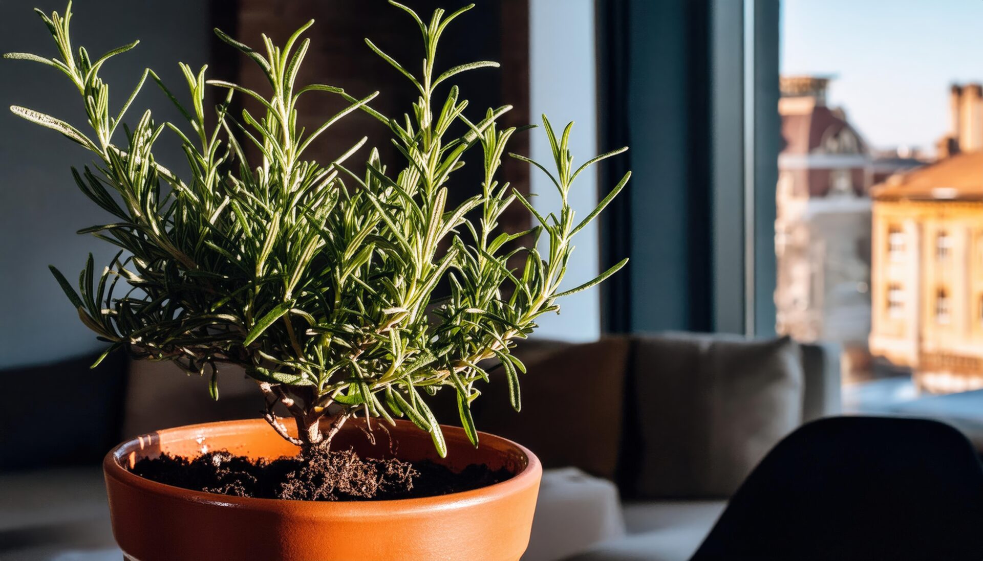日差しを浴びる室内の鉢植えローズマリー