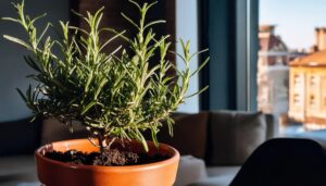 日差しを浴びる室内の鉢植えローズマリー