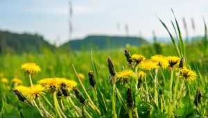 山を背景にした草原のたんぽぽ