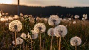 夕暮れ時の草原に輝く綿毛のシルエット