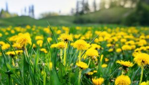 広がる草原と黄色いタンポポの花畑