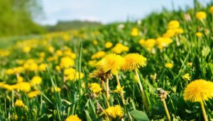 明るい日差しの中の野原のタンポポ