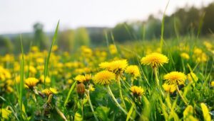 柔らかな光に照らされるタンポポの花