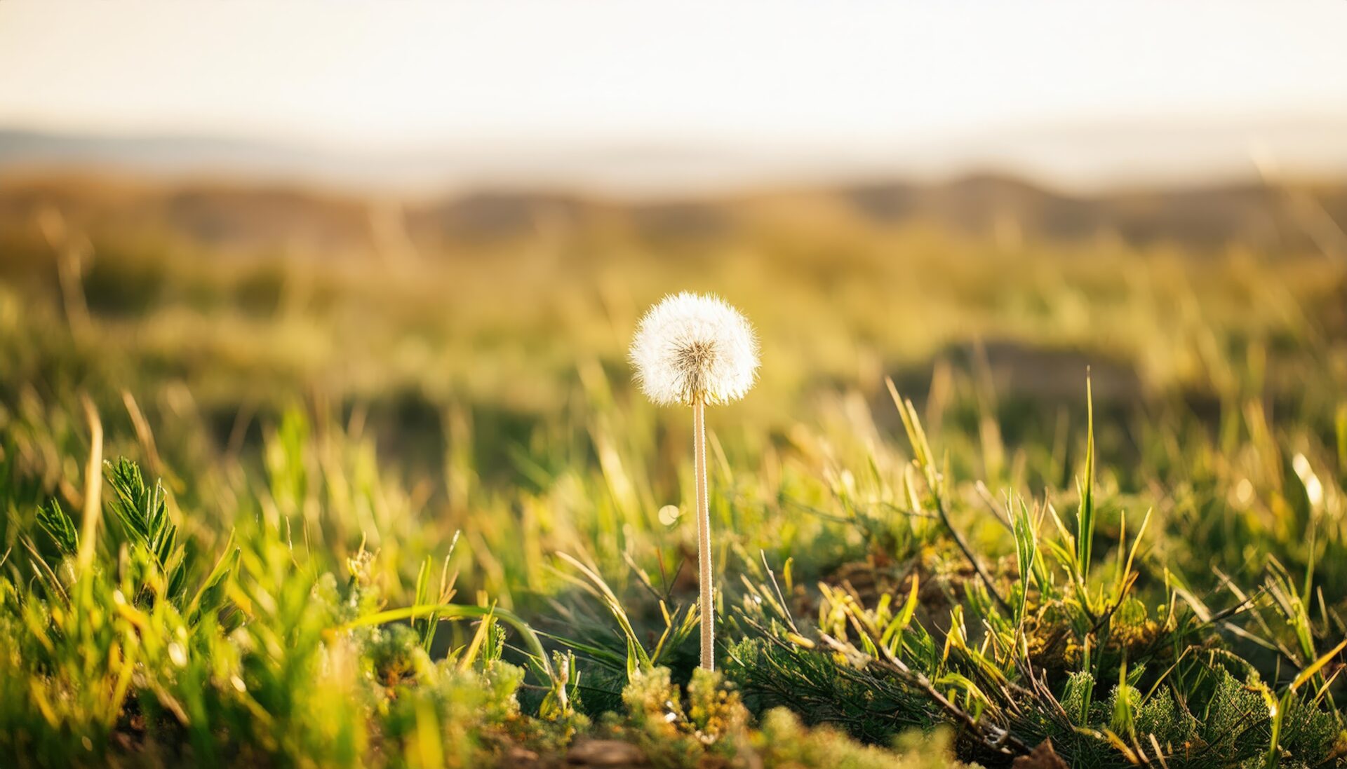 夕陽を浴びるたんぽぽの綿毛