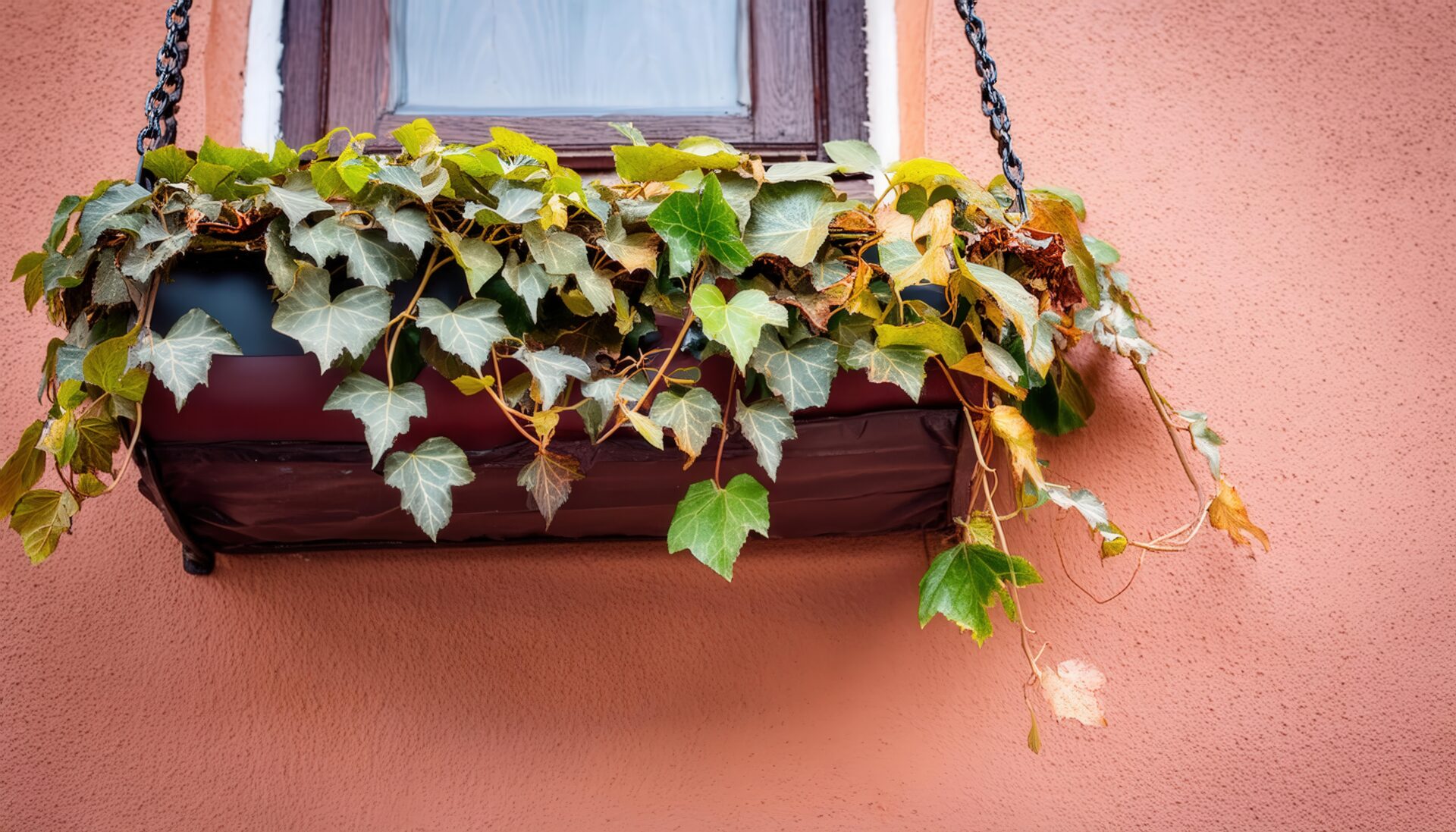 窓の下に垂れるアイビー