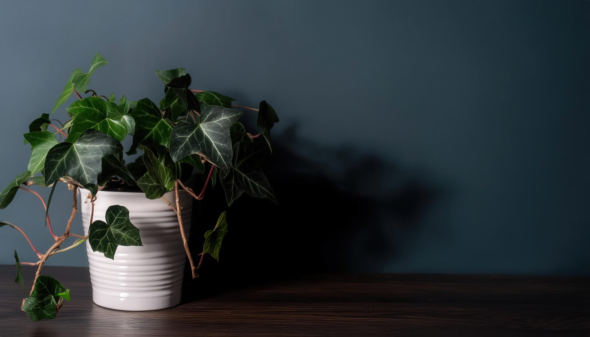 ダークトーンの室内に置かれたアイビー