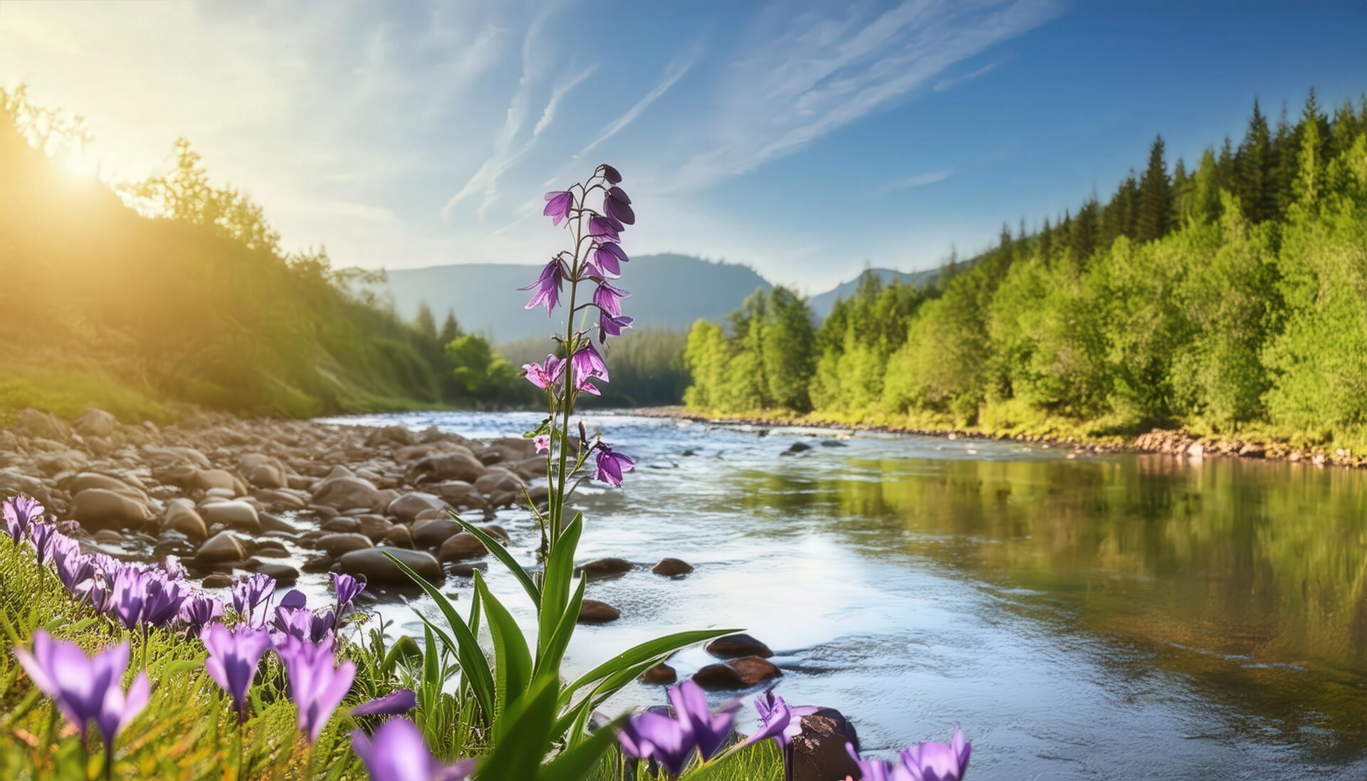 川辺に咲く紫の花と朝日
