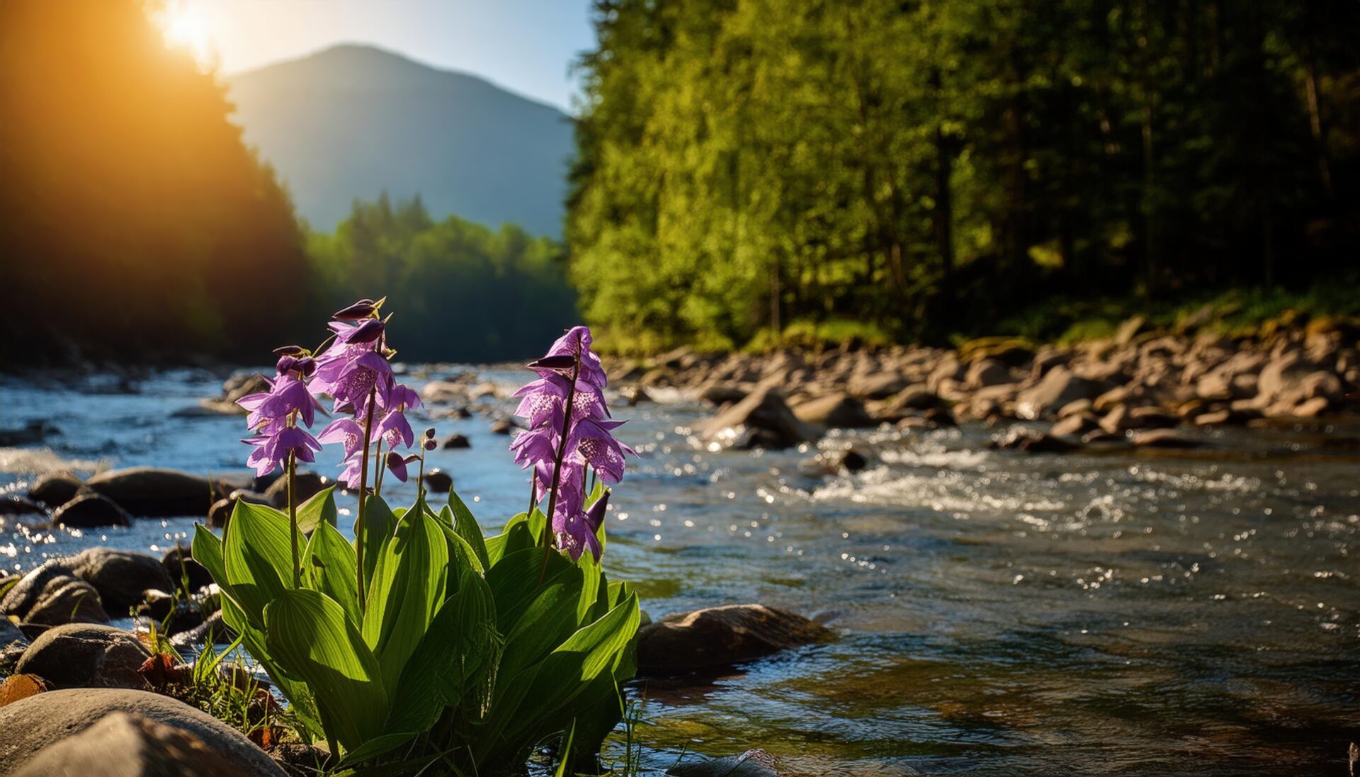 朝日に照らされる川沿いの紫の花