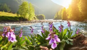 川辺の紫の花と山の風景